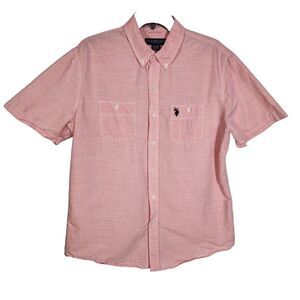 US Polo Assn Mens Shirt Large Slub Woven Barbiecore Pink Short Sleeve Button Up